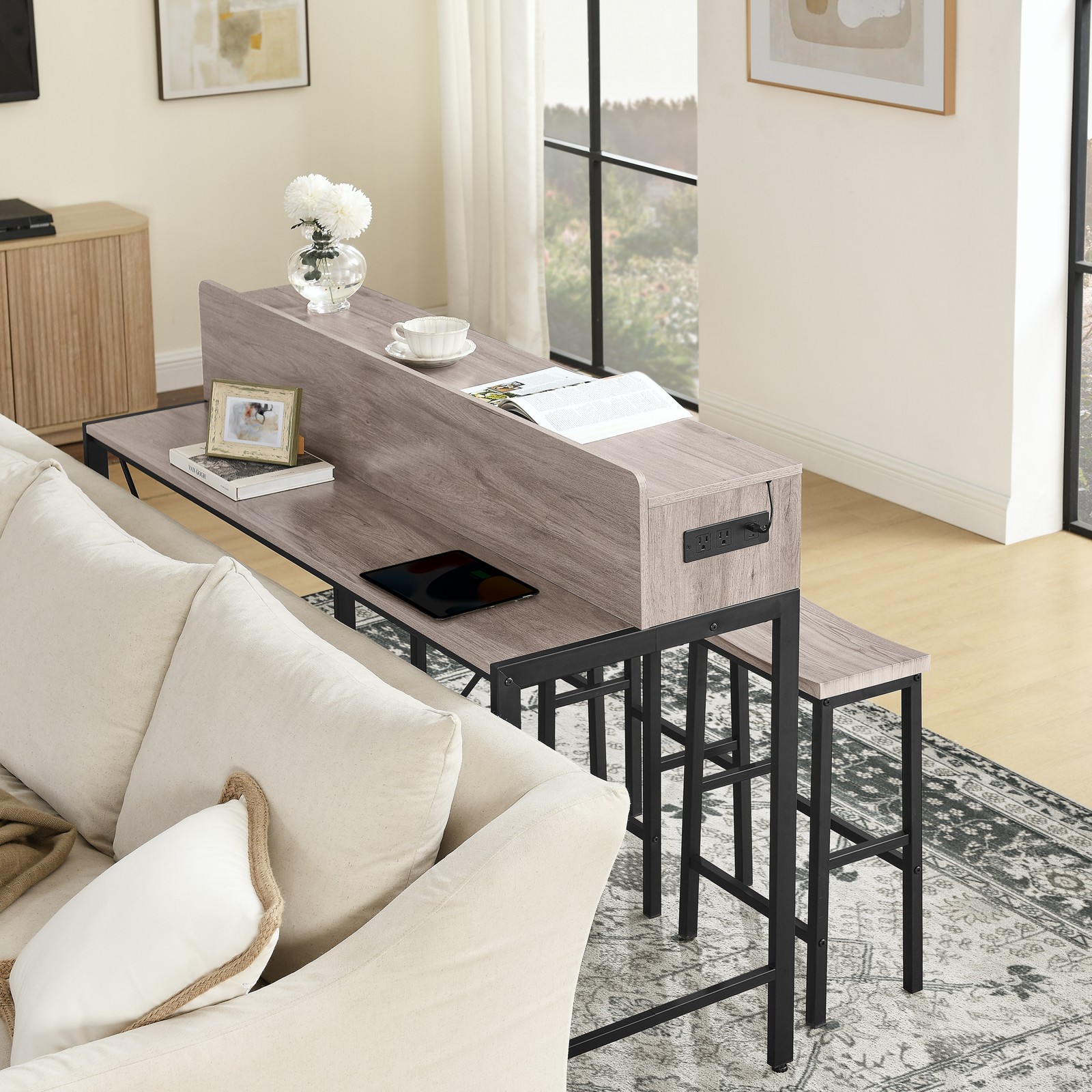 59 inch bar table, dining table, sofa table with power socket and LED light, 3