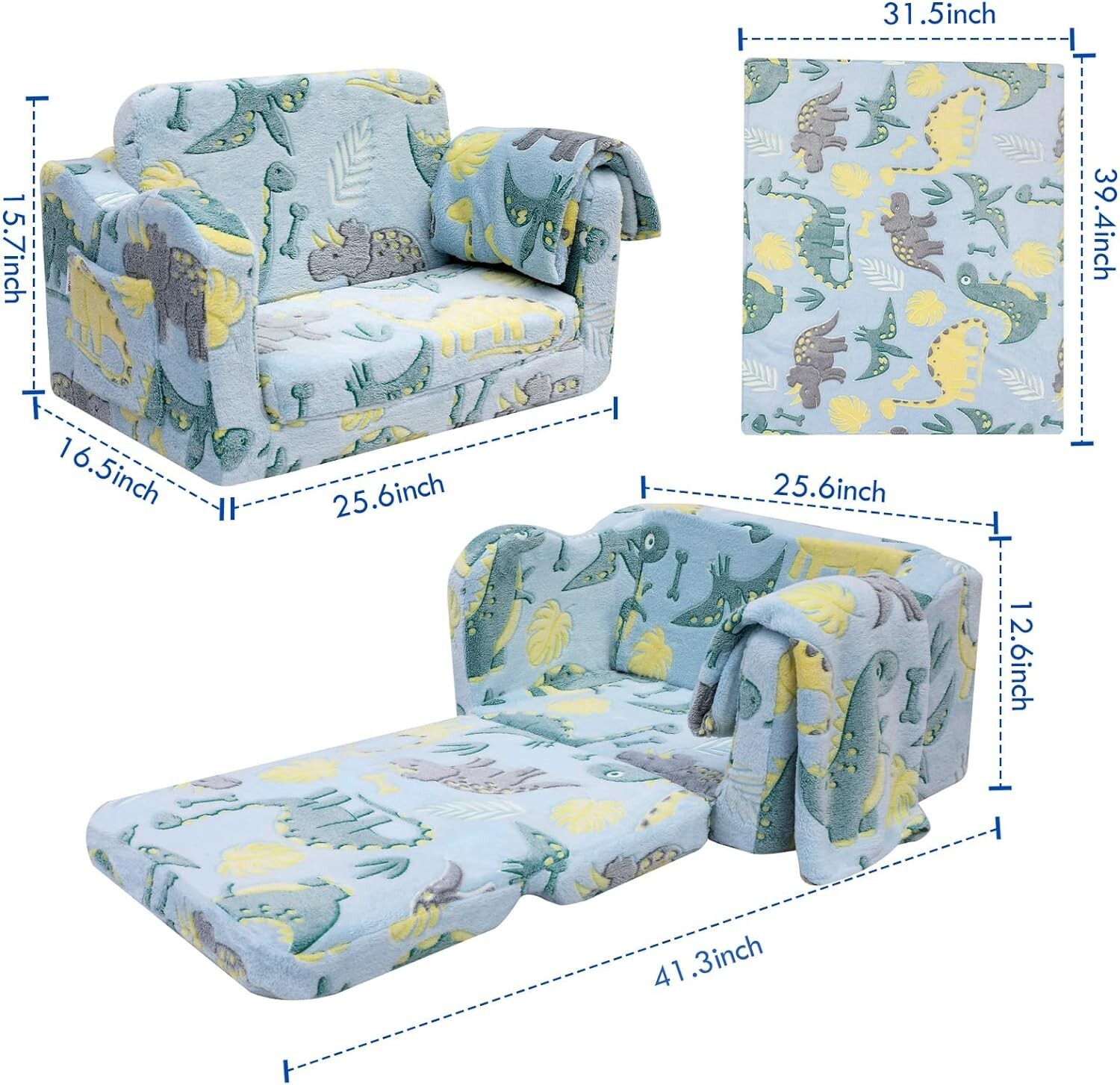 Folding Toddler Chair, Soft Plush Fold Out Kids Couch Sofa Glow in The Dark Blue
