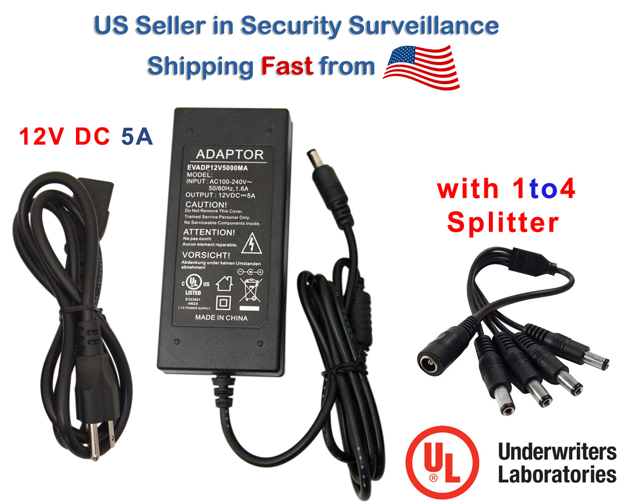 CCTV Security Camera 12V DC  5A  Amper Power Supply Adapter and 1 to 4 Splitter