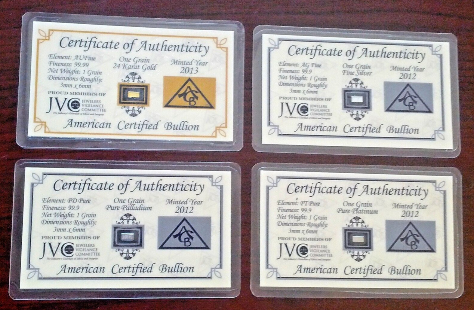 ACB Gold Silver Platinum Palladium 1GRAIN Combo Pack BULLION Bars w/COA's{ G