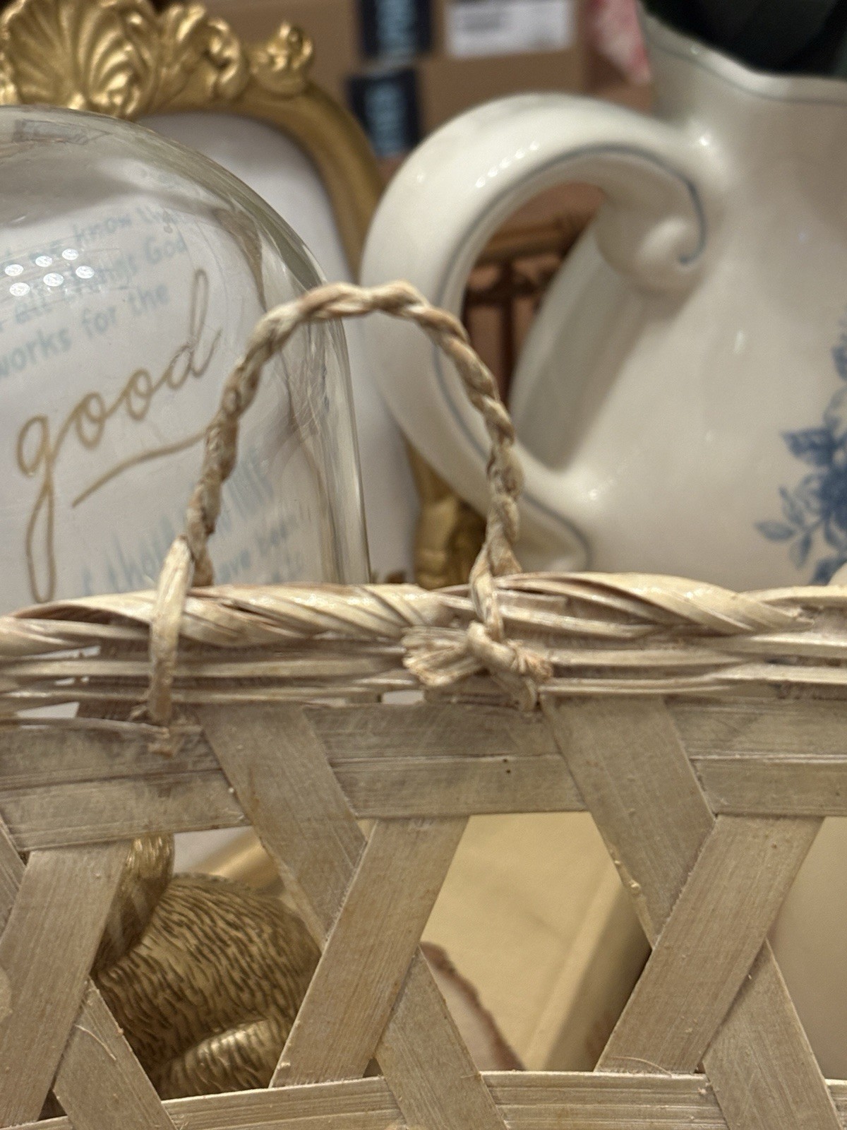 Vintage woven hexagonal pattern basket with rope handle.