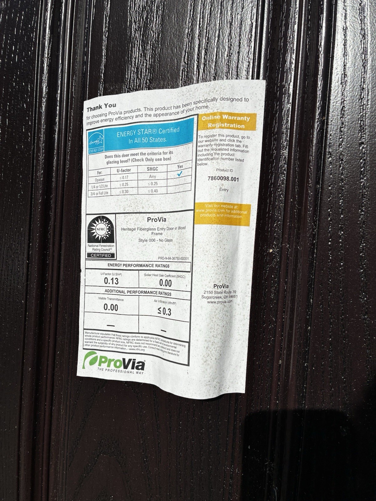 ProVia Heritage Fiberglass Entry Door Dark Brown Single No Glass 60x95