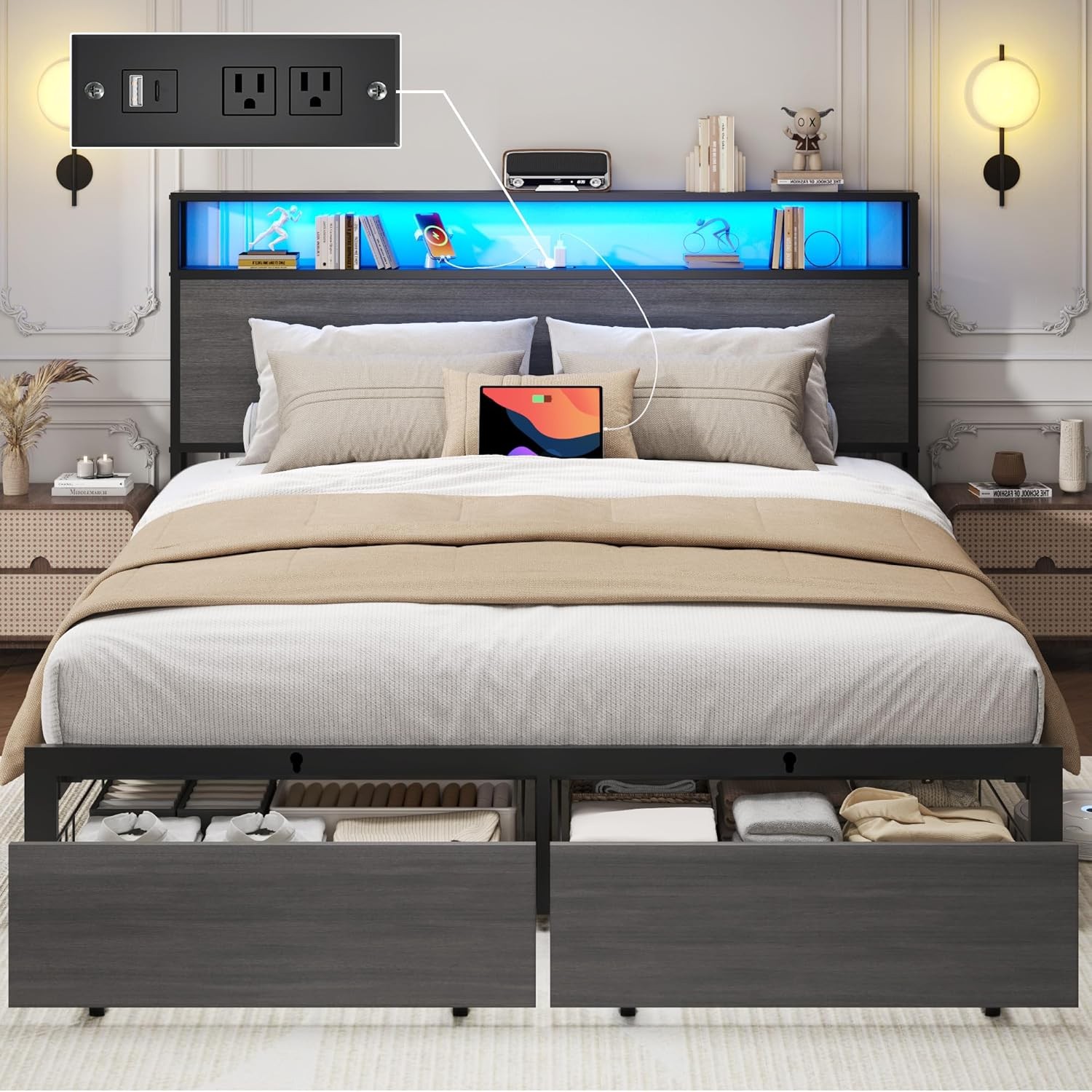 Queen Bed Frame with 2-Tier Storage Headboard, Bedroom Metal Bed Frame with 2