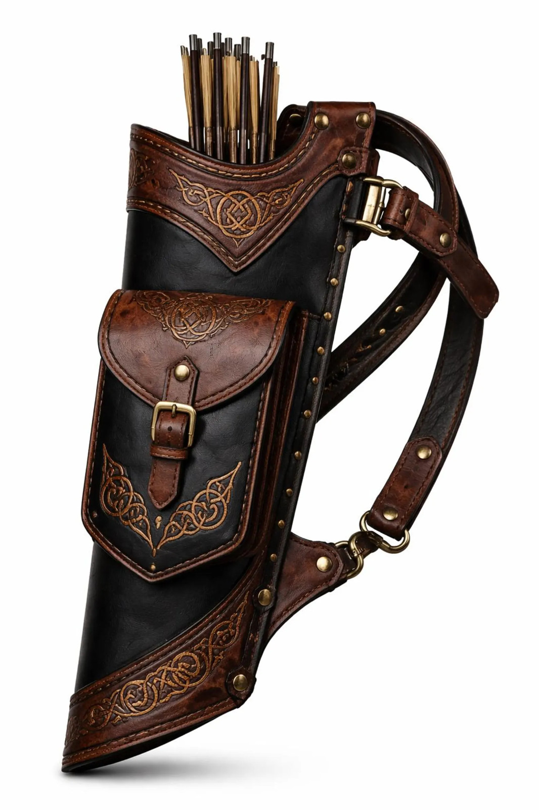 Handmade Leather Side Quiver with Pocket, Black Brown Archery Target Gear
