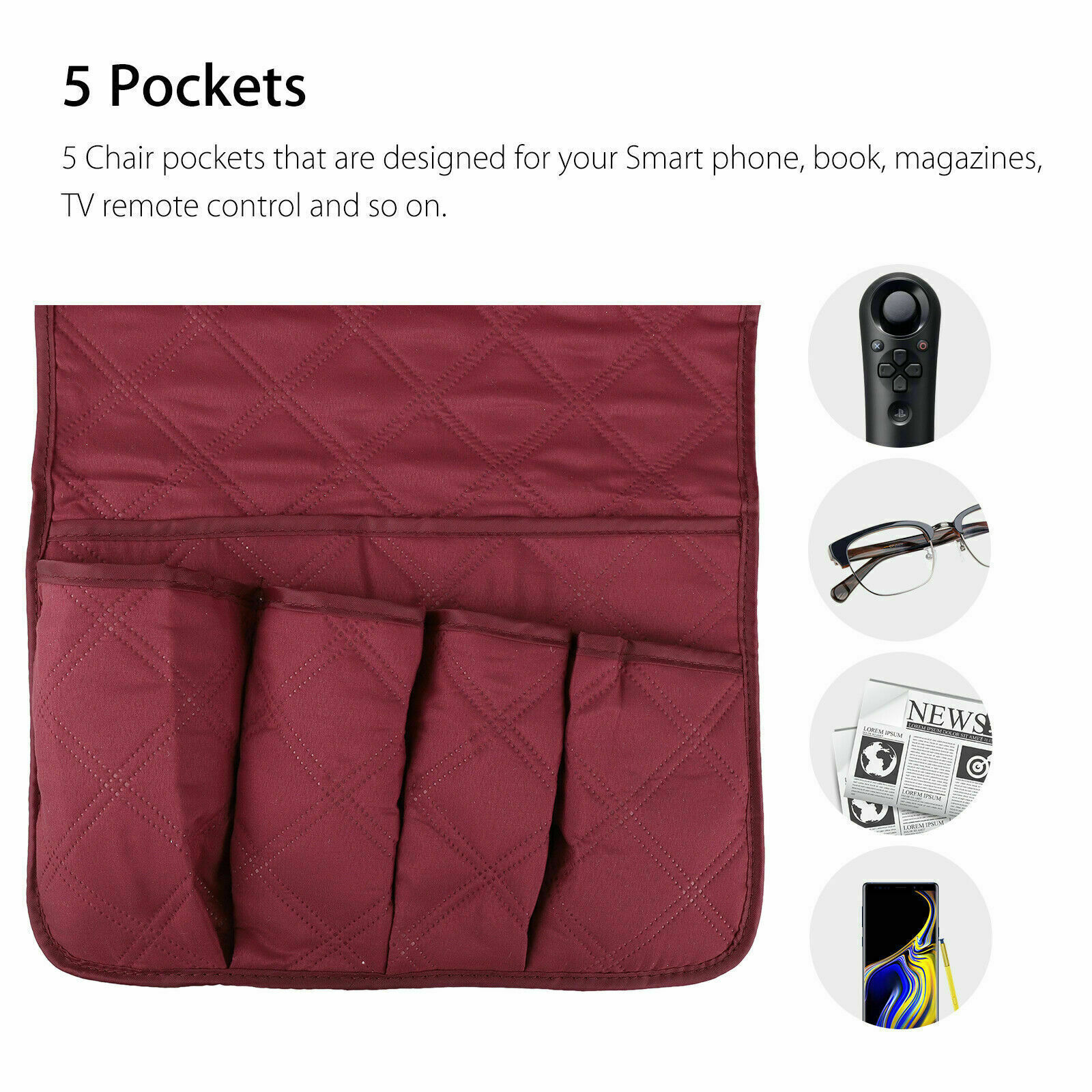 5 Pocket Sofa Arm Rest Organizer Caddy Couch Tray Remote Control Holder Table