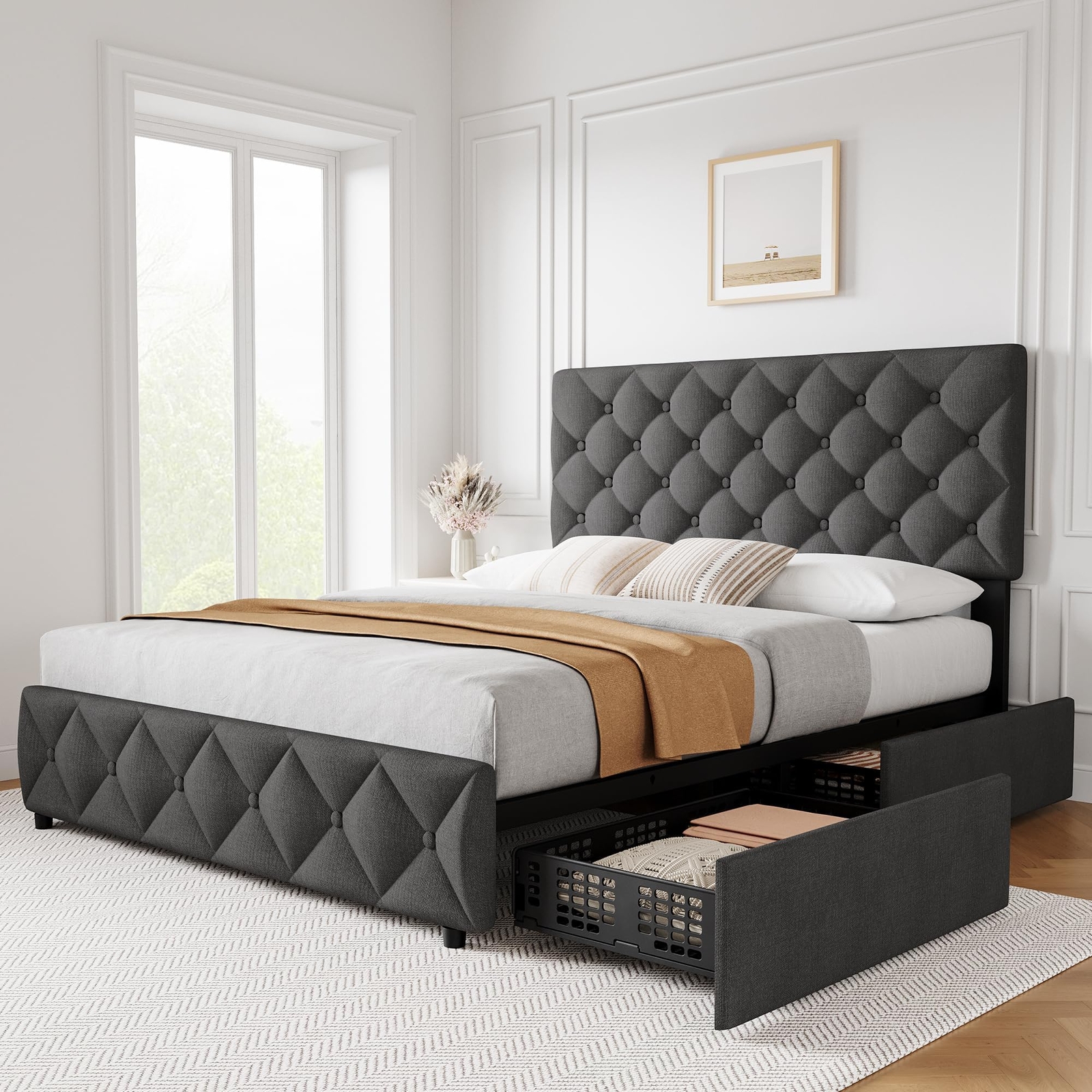 Full Size Bed Frame with 4 Storage Drawers, Linen Upholstered Platform Bed Frame