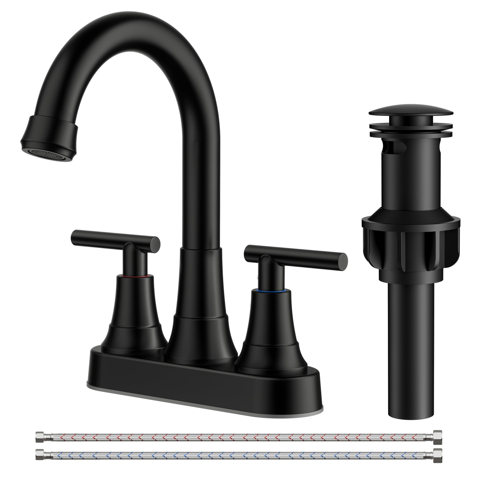 Matte Black Centerset Bathroom Faucet 2 or 3 Hole 4 Inch cUPC Hose Pop Up Drain