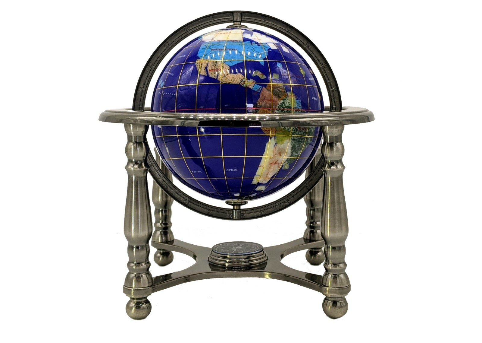 10" Tall Table Top Blue Lapis Ocean Gemstone World Globe with 4 leg silver Stand