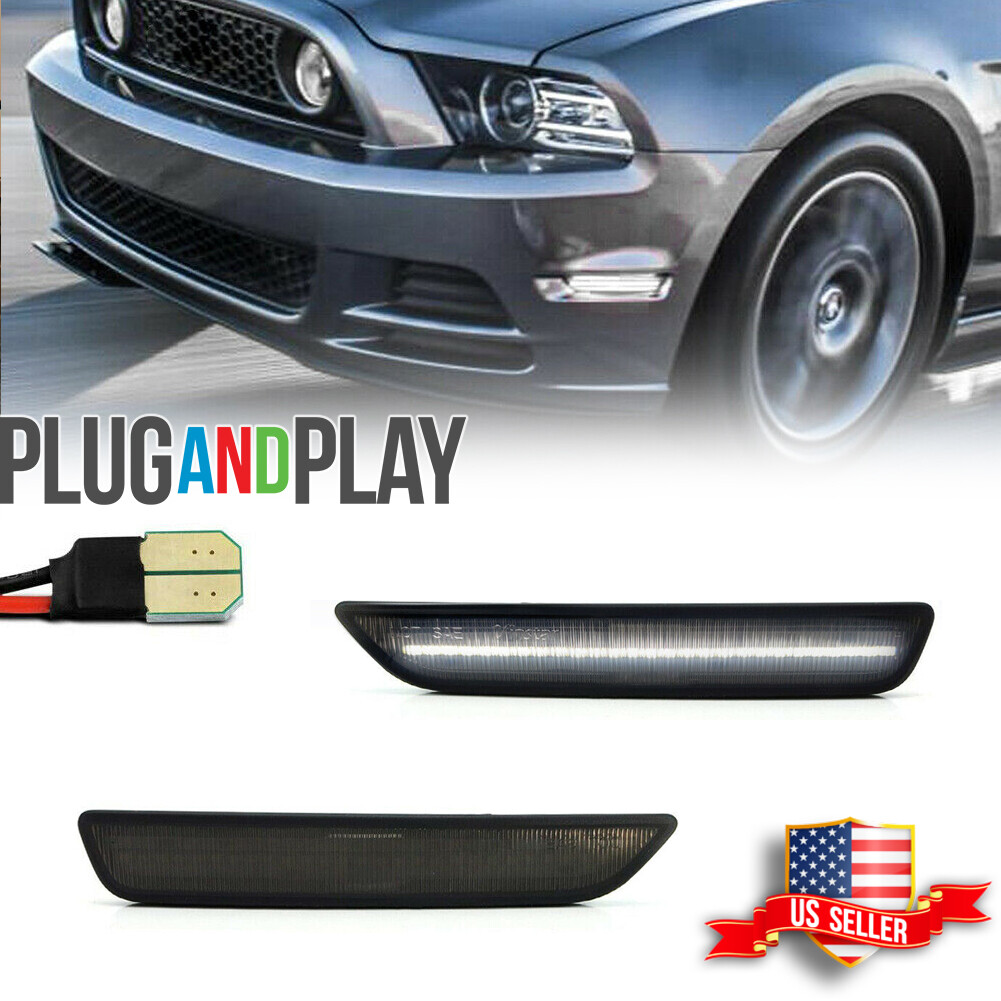 Smoked Lens Front Bumper Side Marker White LED Lights For 2010-2014 Ford Mustang