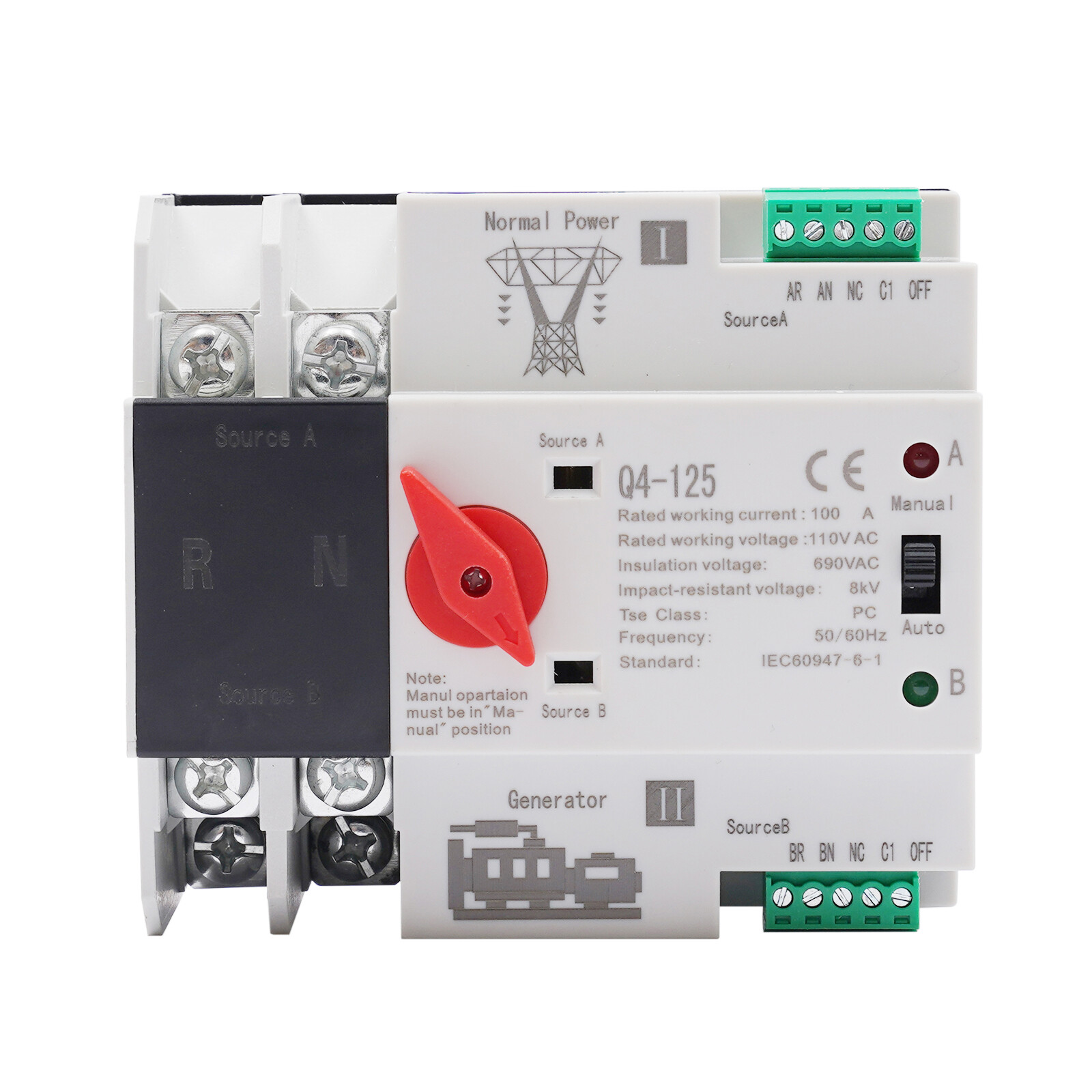 2P 100A 2 pole Dual Power Automatic Transfer Switch Generator Changeover Switch