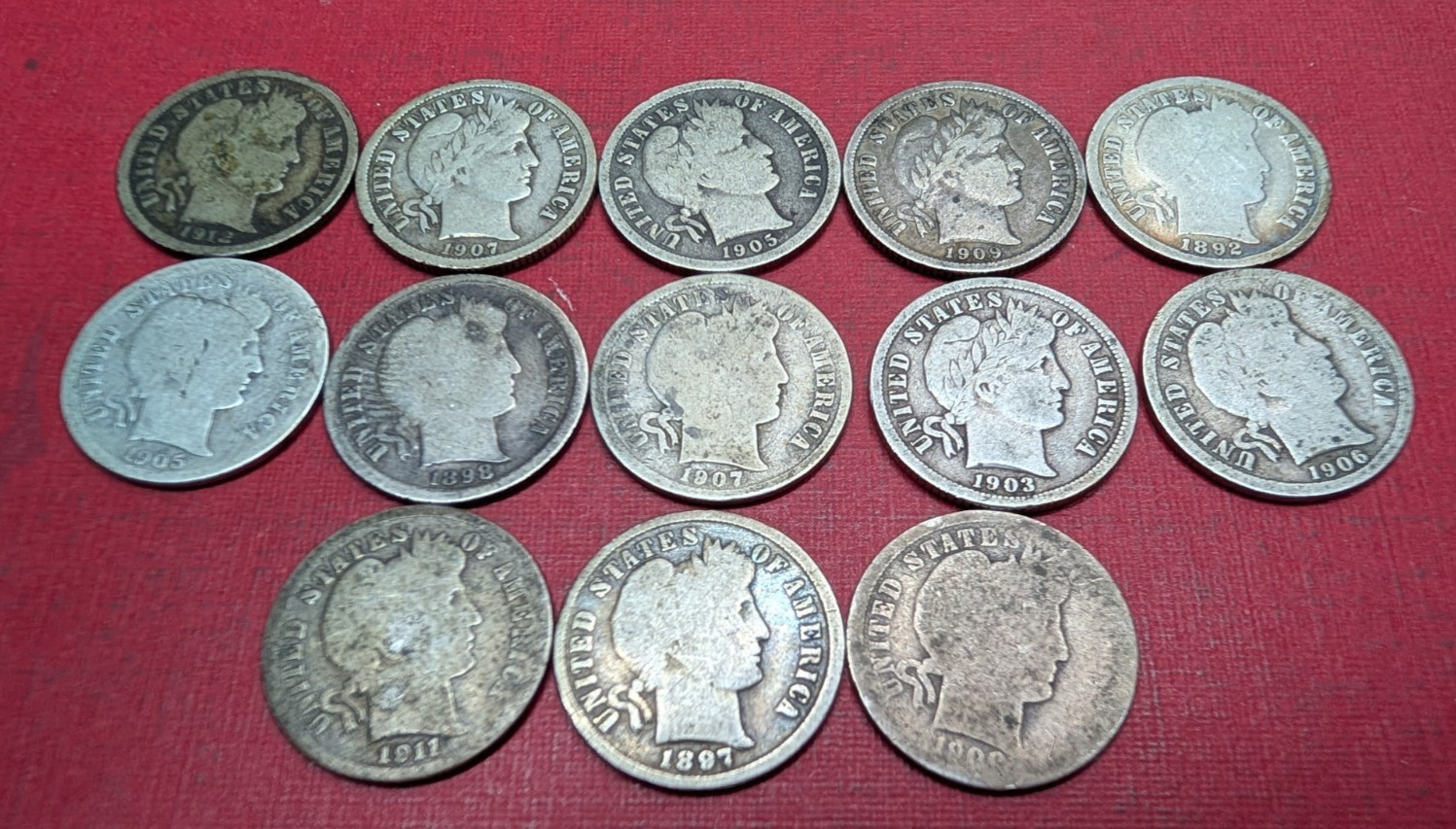 Lot of 13 Different Silver Barber Dimes 1892-1912 See List in Pics  260404