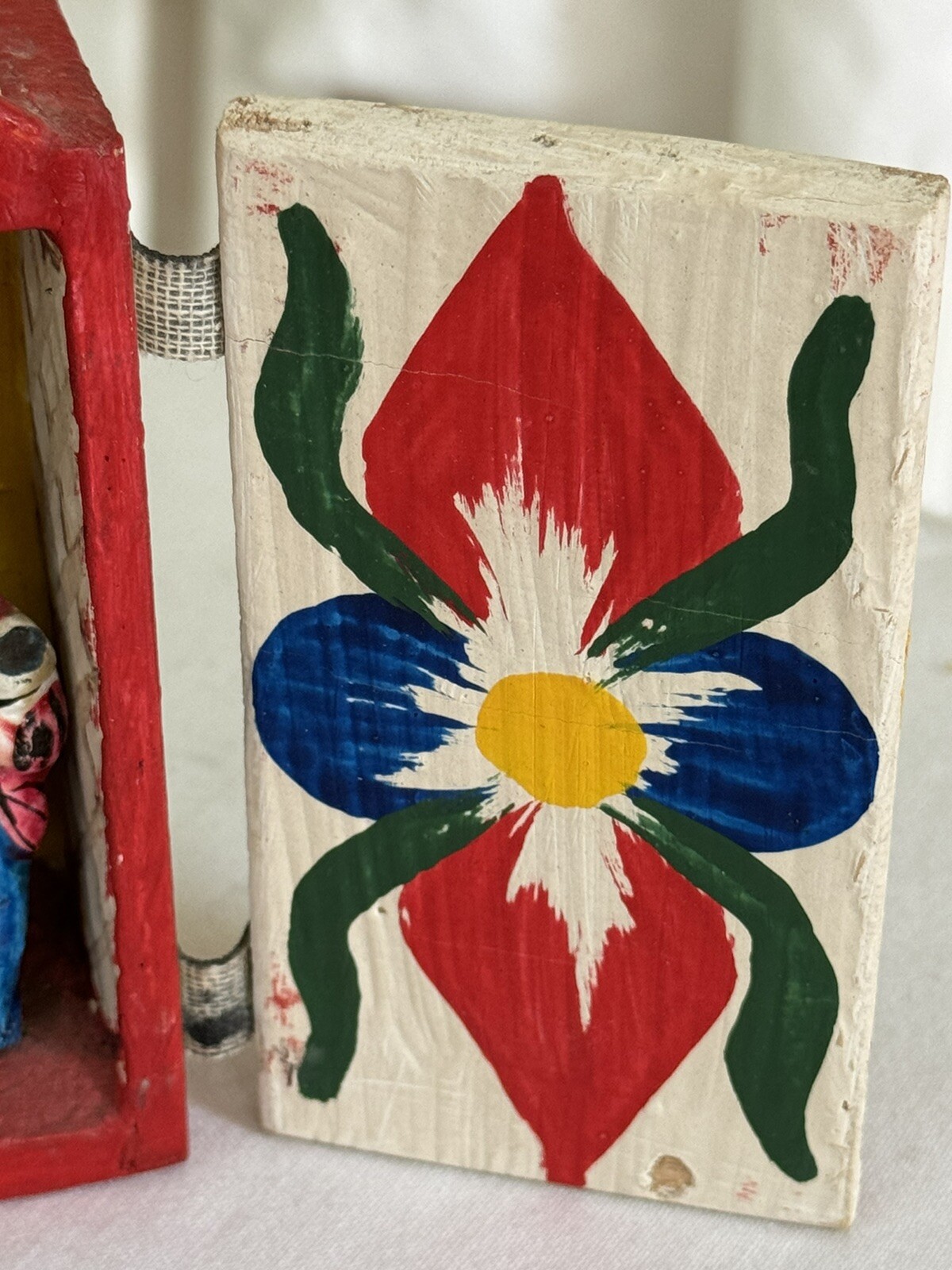 Vintage Peruvian Handpainted Folk And Wooden Retablo Shadow Box.