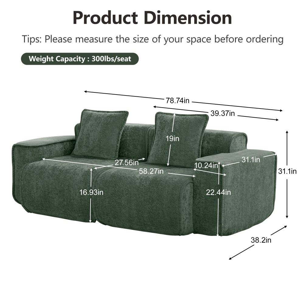 Harrison Velvet Green Sofa Compressed Couch w/ Modular Design - 39.37"L