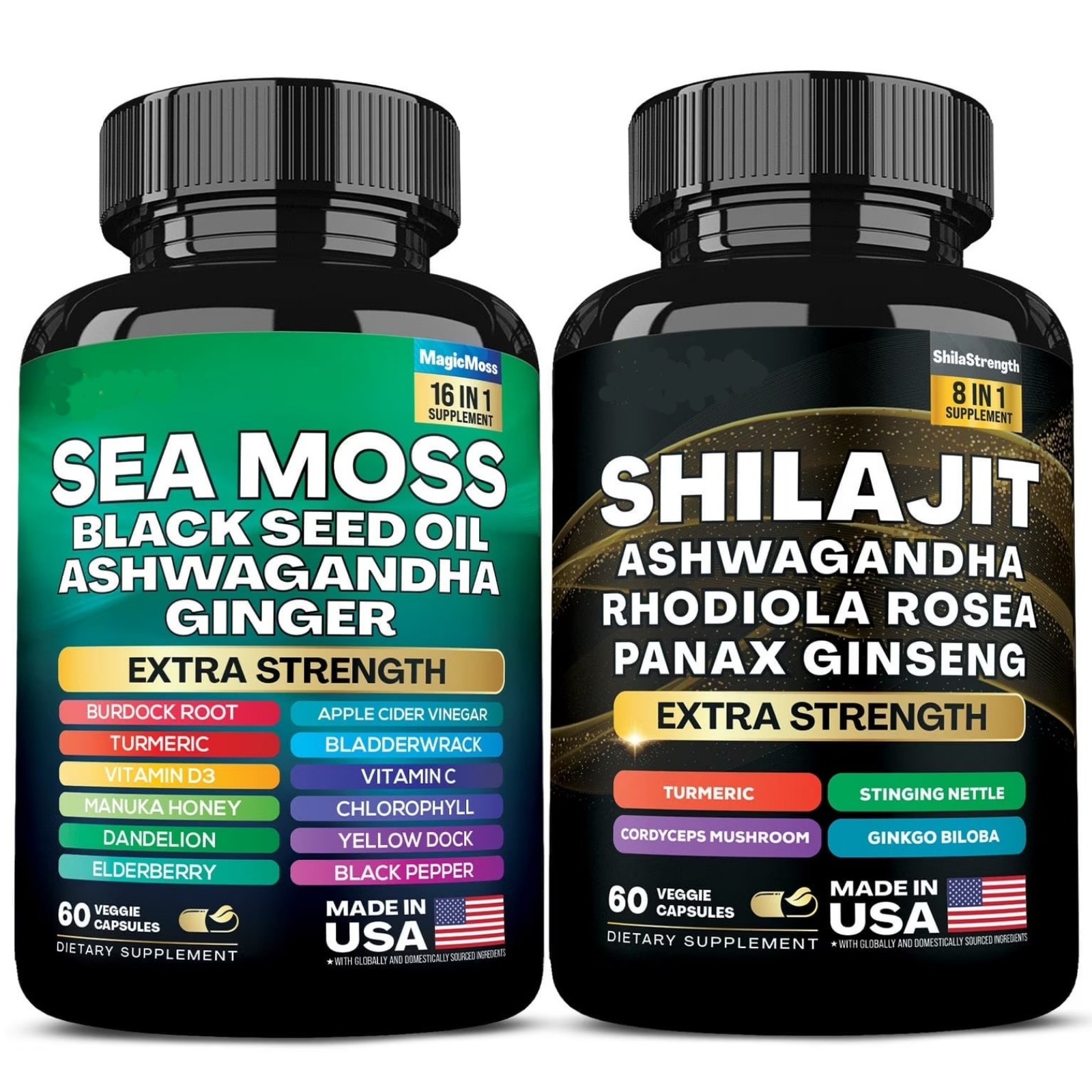 2 Pack 60Caps Sea Moss & Shilajit - 19445mg 15250mg Ashwagandha & Panax Ginseng
