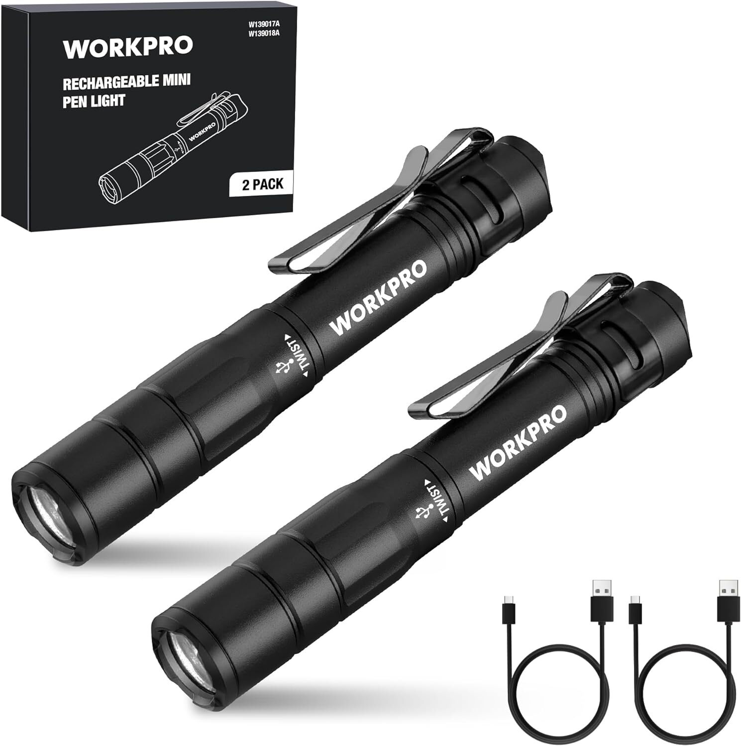WORKPRO 2PCS Rechargeable Pen Light Mini Flashlight Ultra-Compact EDC Flashlight