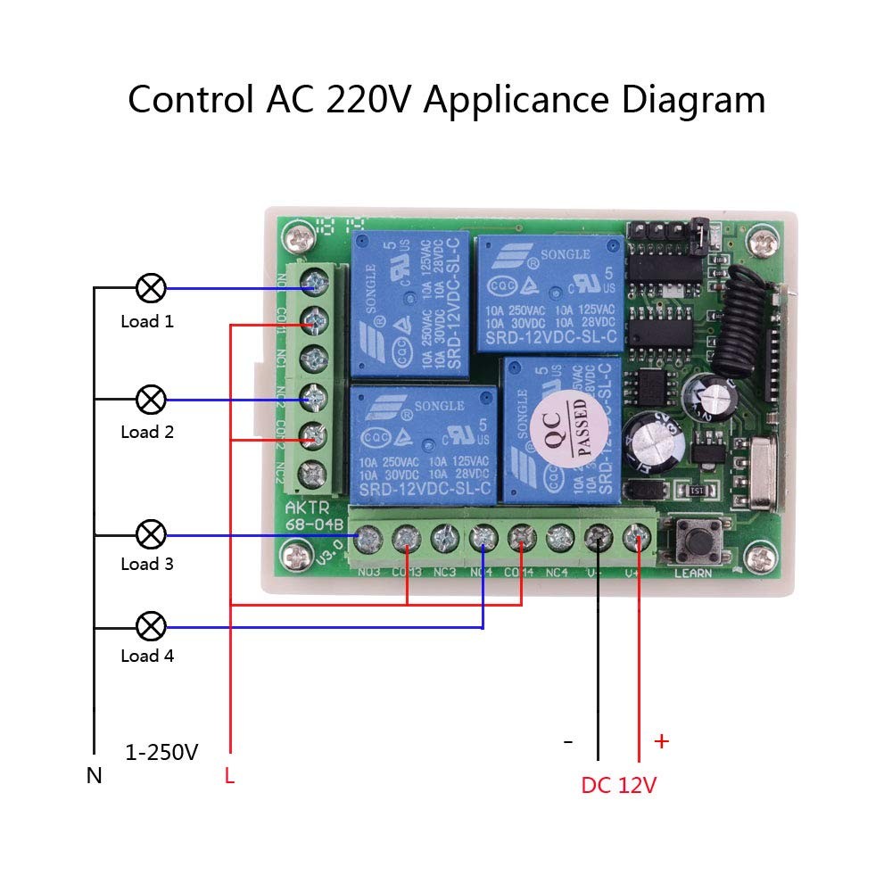DC 12V Remote Control Switch 4 Channel Universal 433Mhz Remote Control Moment...