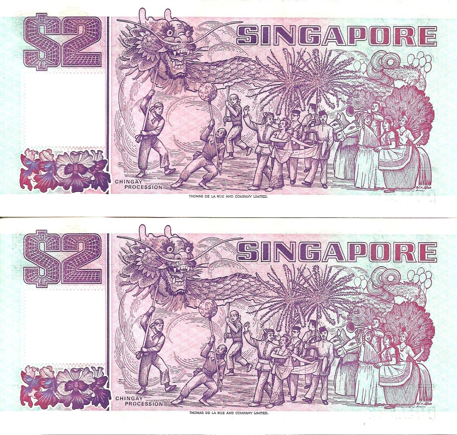 Singapore 2x 2 dollars ND [1992] P-28 UNC consecutive