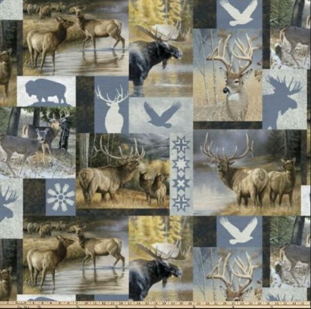 Fleece Winter Animal Patchwork Deer Buck Fleece Fabric Print by the Yard A338.26