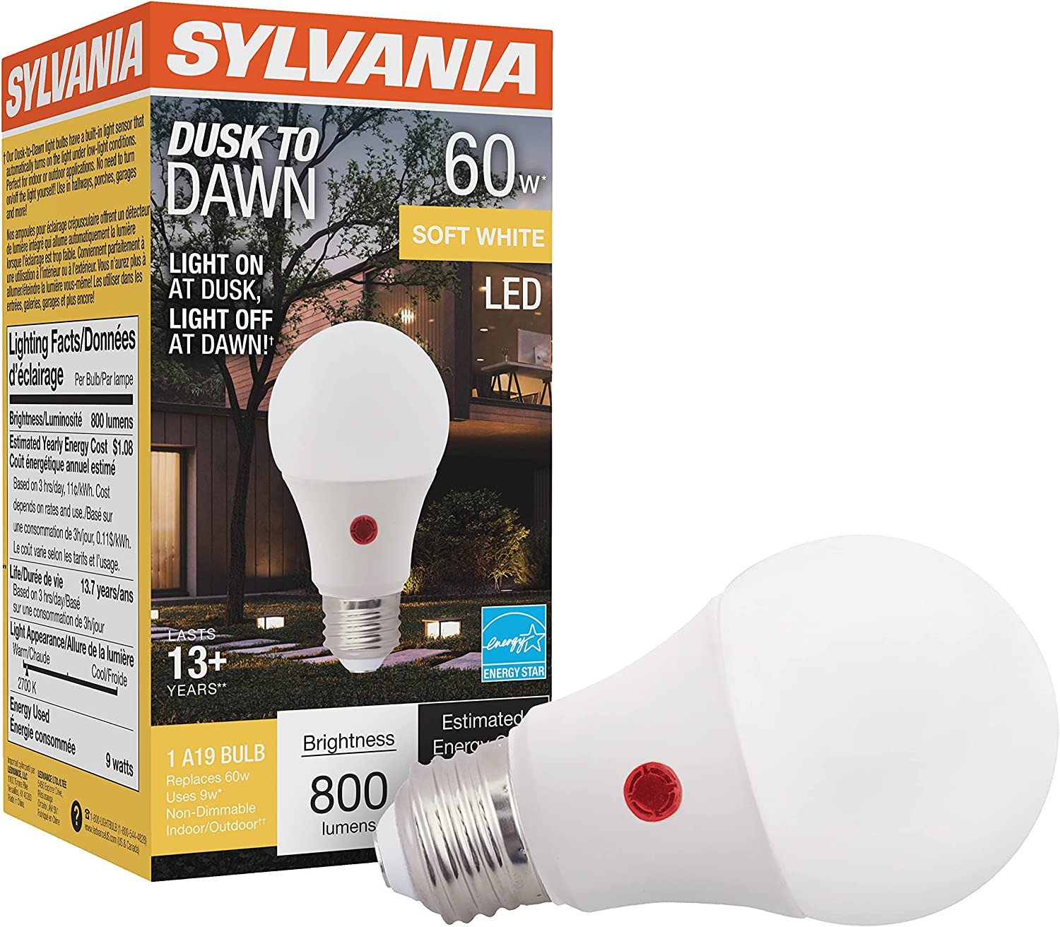SYLVANIA Dusk to Dawn A19 LED Bulb, Auto On/Off, 60W=9W, 800 Lumens, Soft White