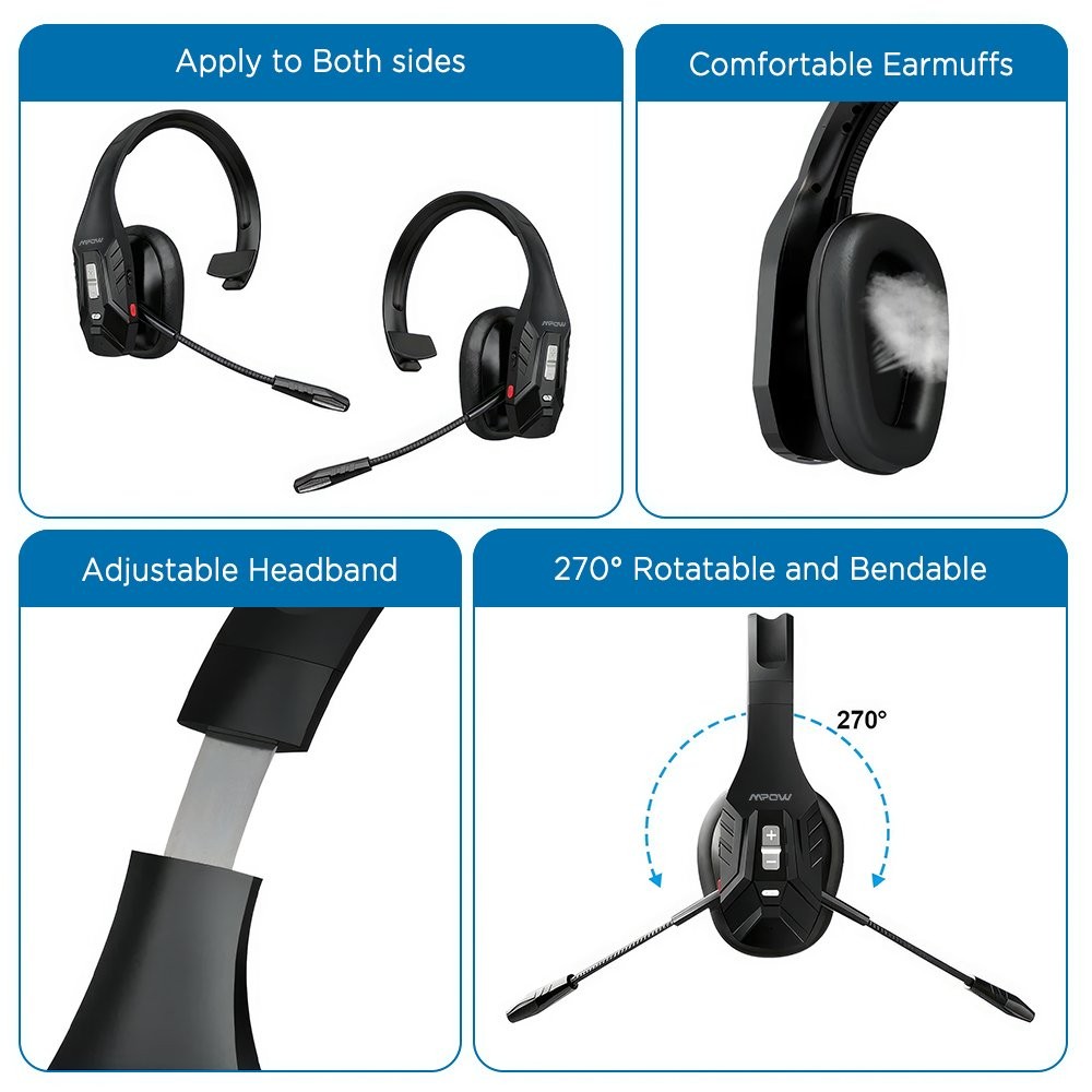 Mpow DH10 Bluetooth Wireless Headphone Noise Canceling Over Head Trucker Headset