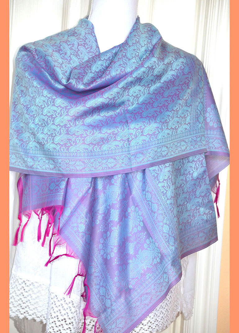 Banaras Silk Pink silver Color Woven Paisley Floral Design Shawl, Wrap, Stole