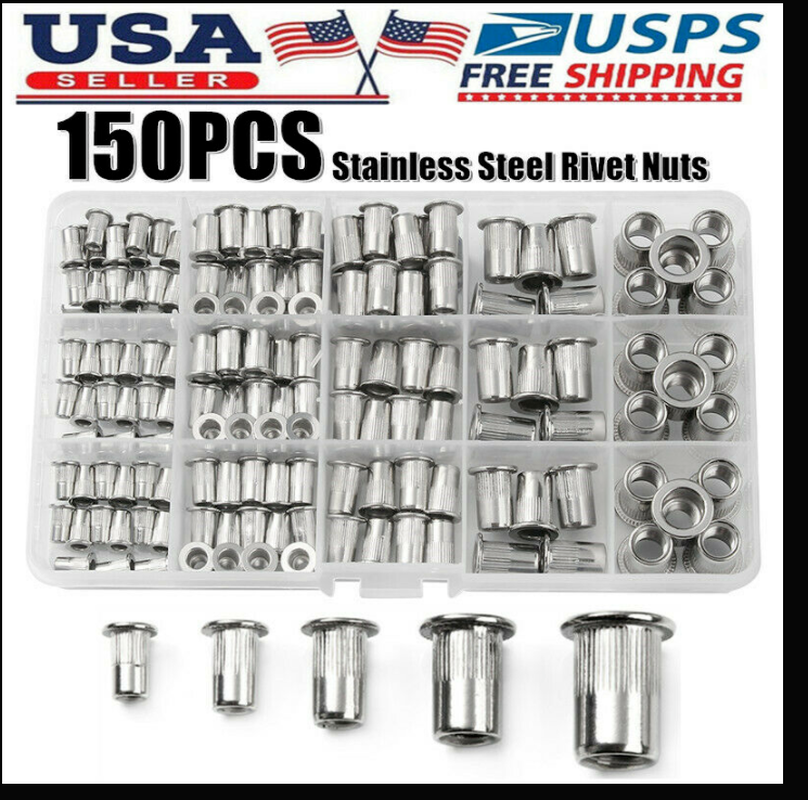 150PCS Stainless Steel Flat Head Threaded Rivet Nuts Blind Nutserts Kit M3-M8