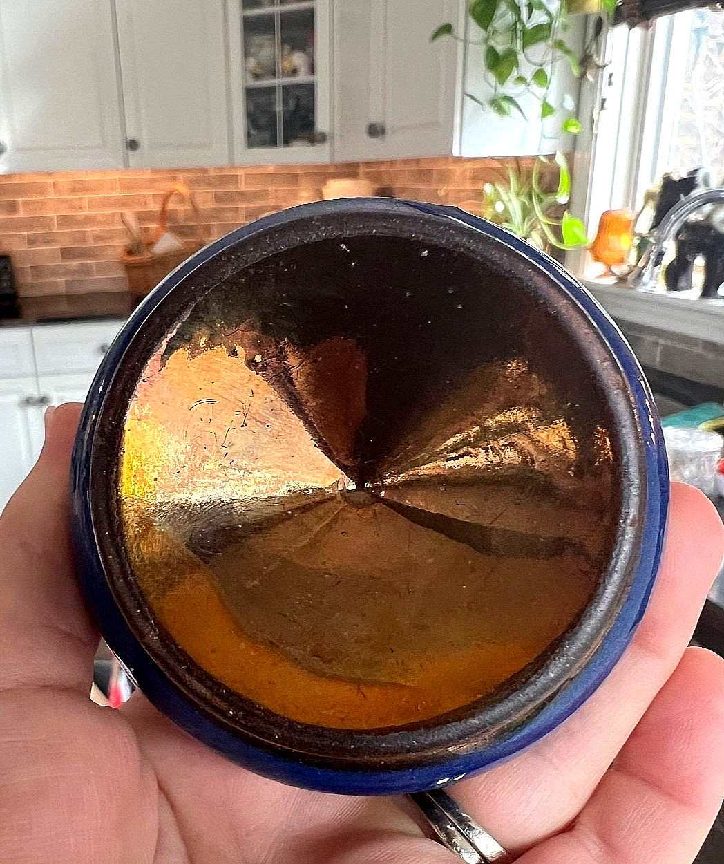 Antique Copper Lusterware FOOTED MASTER SALT W/blue band