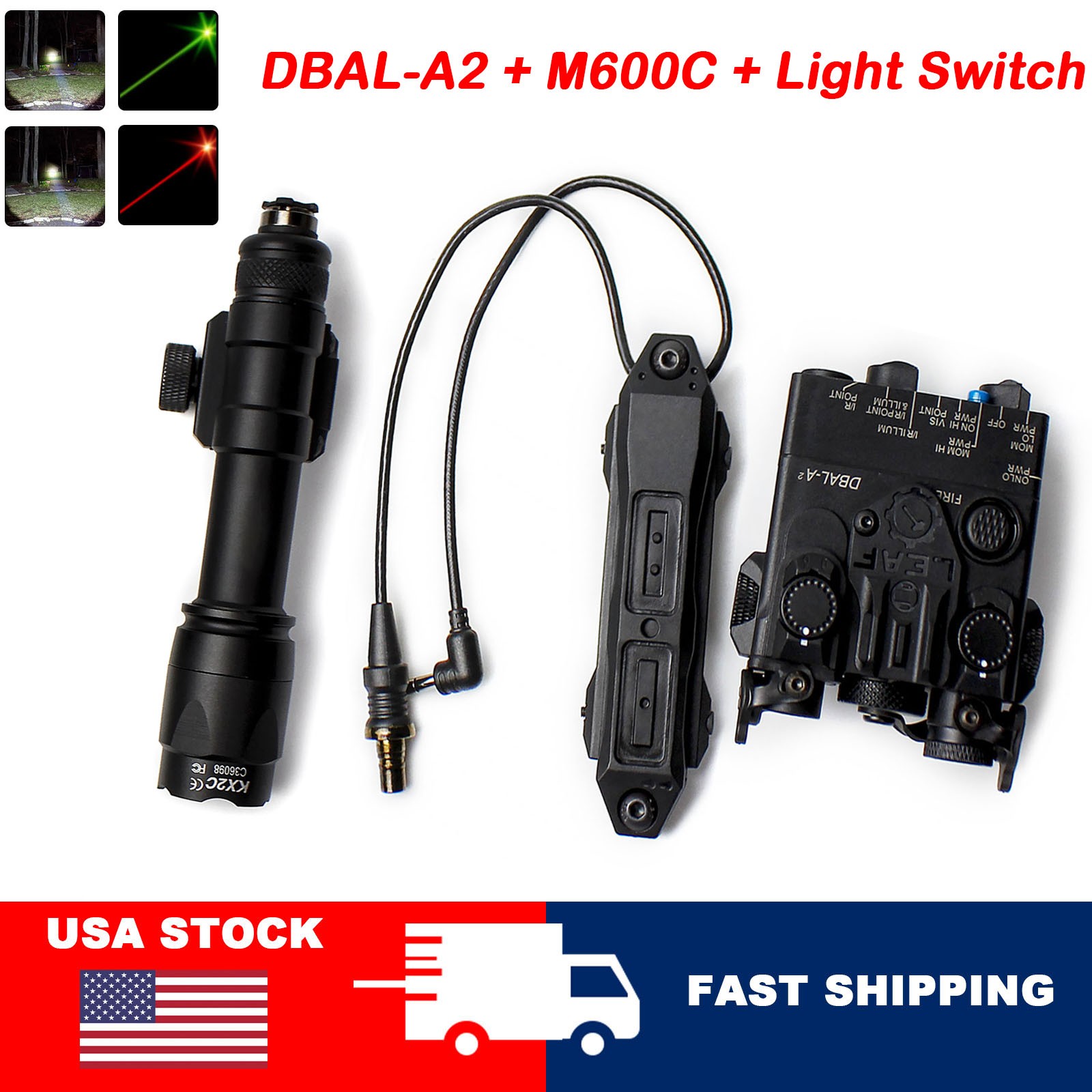 Tactical DBAL-A2 Red Green Dot Laser Aiming Sight LED M600C Light + Dual Switch