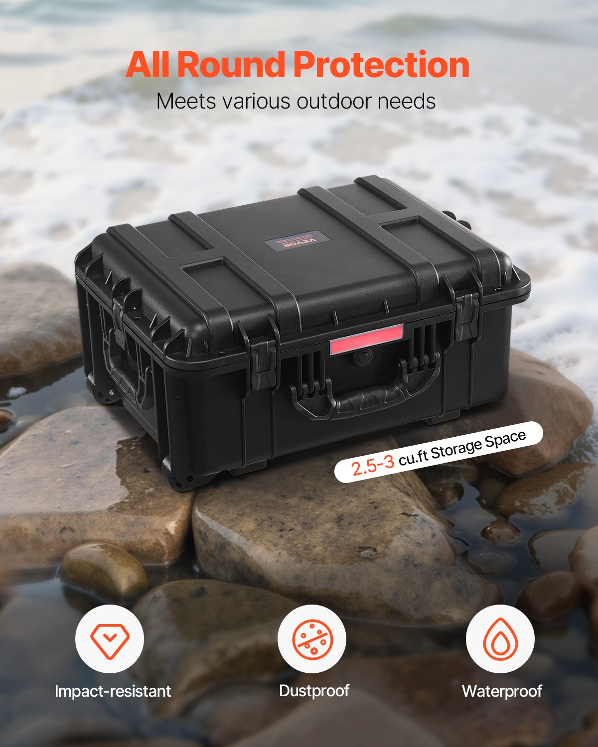 VEVOR 2.5 Cu.ft Weatherproof Hard Case Rolling Wheels & Retractable Handle