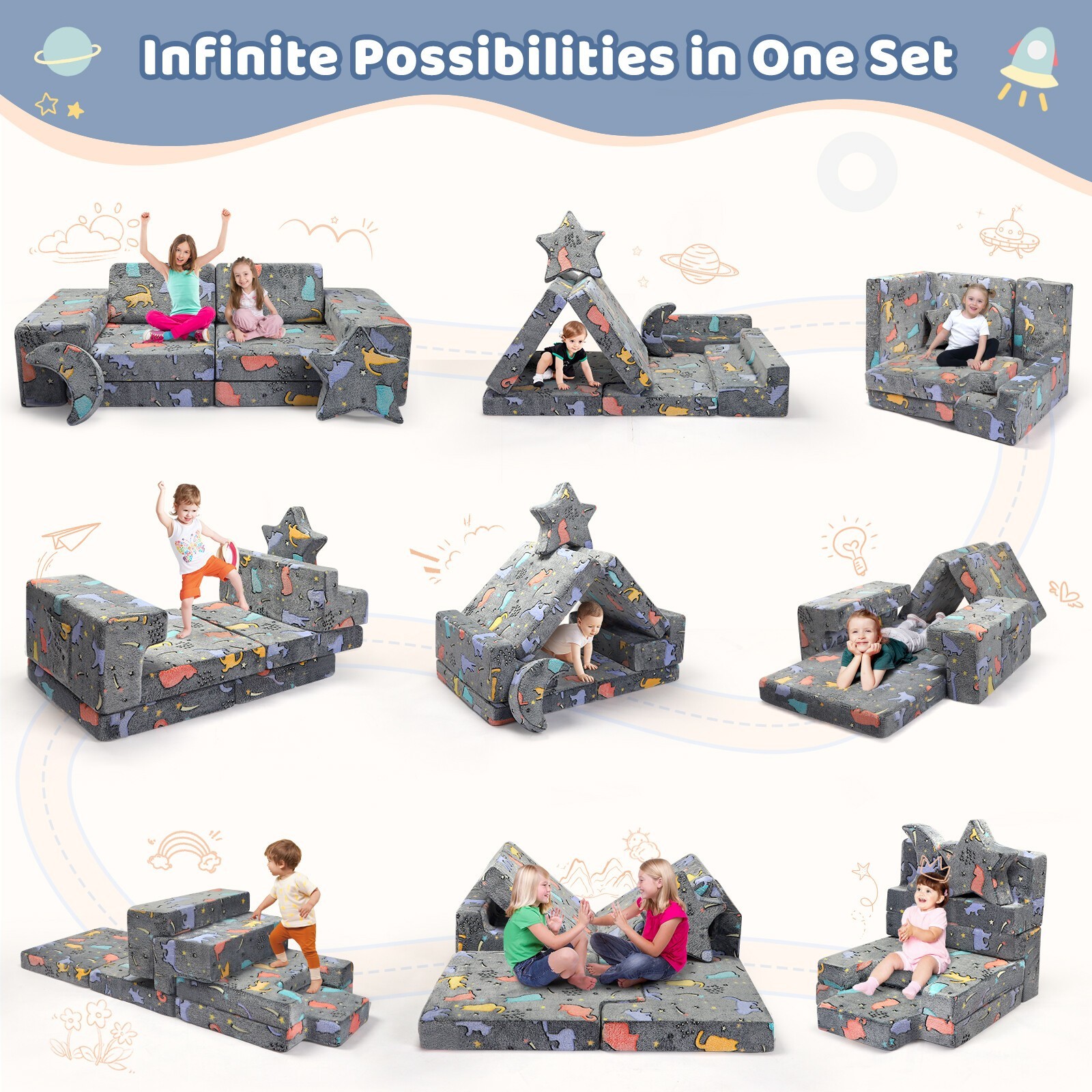 9pcs Modular Kids Play Couch, Toddler Couch Sectional Sofa Building Playhouse