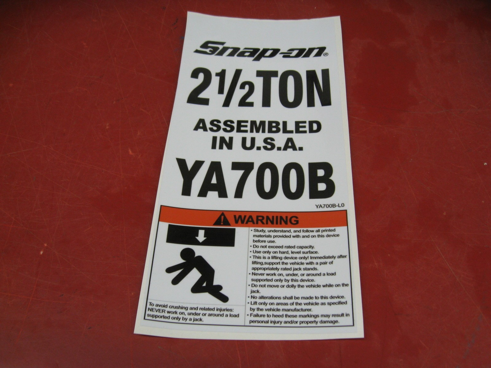 Snap on Tools YA700B-LO Safety Label Sticker for YA-700B Floor Jack