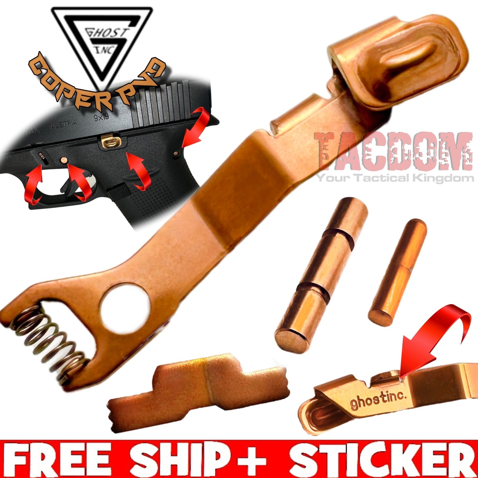 GHOST for GLOCK 42 43 43X 48 COPPER PINS + SLIDE LOCK + EXTENDED SLIDE RELEASE