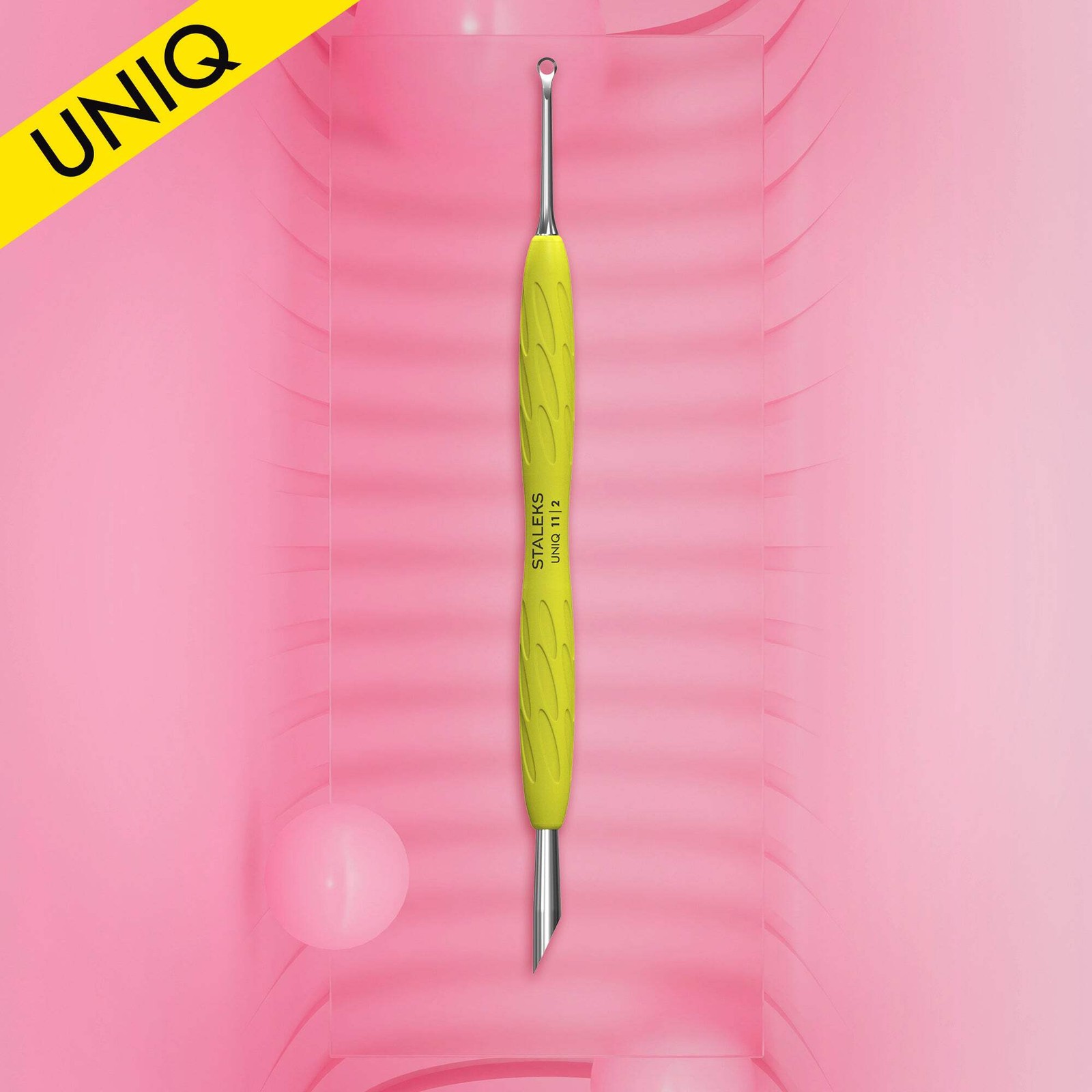 Manicure pusher Gummy with yellow silicone handle UNIQ 11 TYPE 2 (beveled and lo