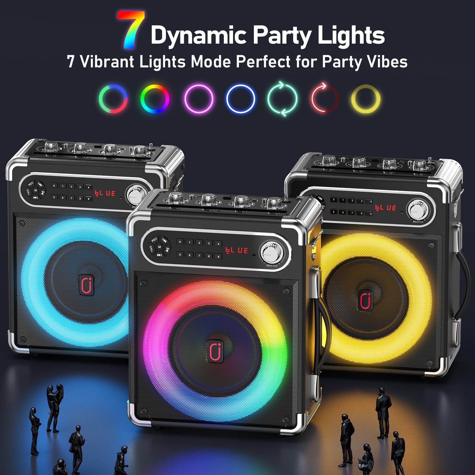 Portable Bluetooth 5.3 Karaoke Machine with 3 Wireless Mics, LED Lights