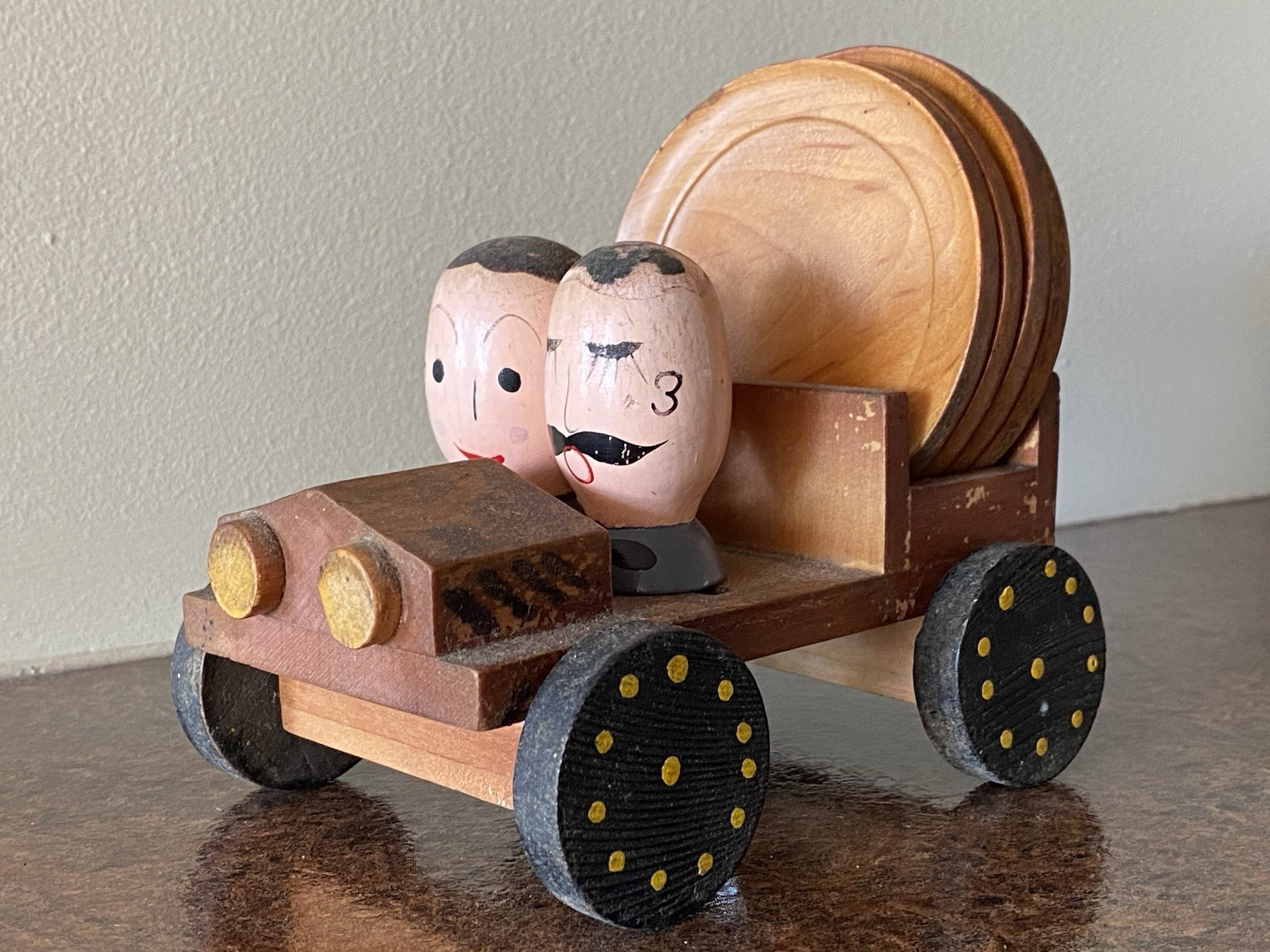 Vintage 1950's Wood CAR Bar Set - Man & Woman Opener Corkscrew Coasters - ROLLS!