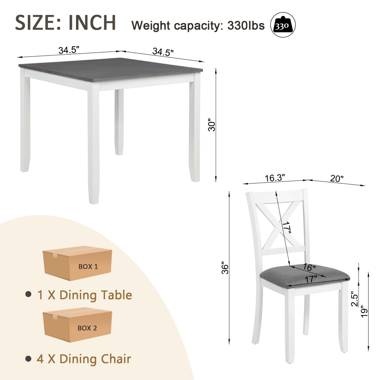 Modern 5 Piece Dining Table Set Wood Square Dining Table & 4 Chairs White & Gray