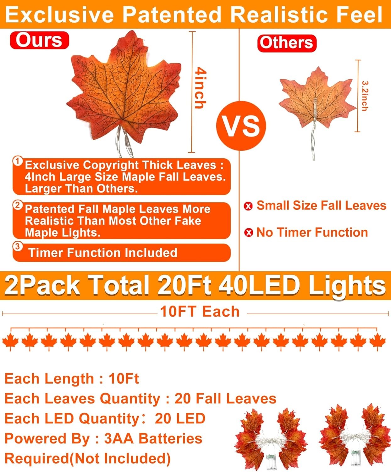2 Pack Fall Decor Enlarged Maples Leafed Lights Total 20Ft 40LED Fall Decoration