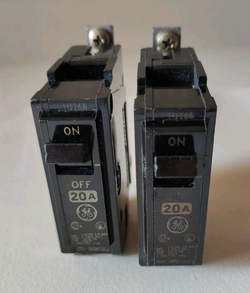 Lot of 2 - GE THQB120, 20A Single Pole Bolt-on Circuit Breakers