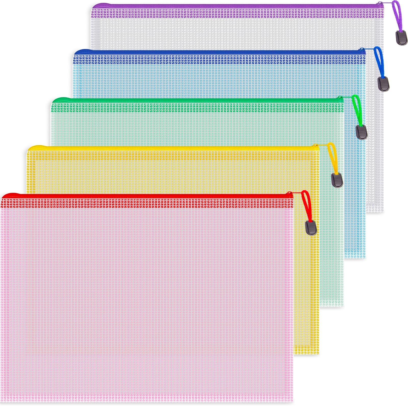 5PCS Mesh Zipper Pouch Bags, A4, Waterproof File Folders, 5 Colors