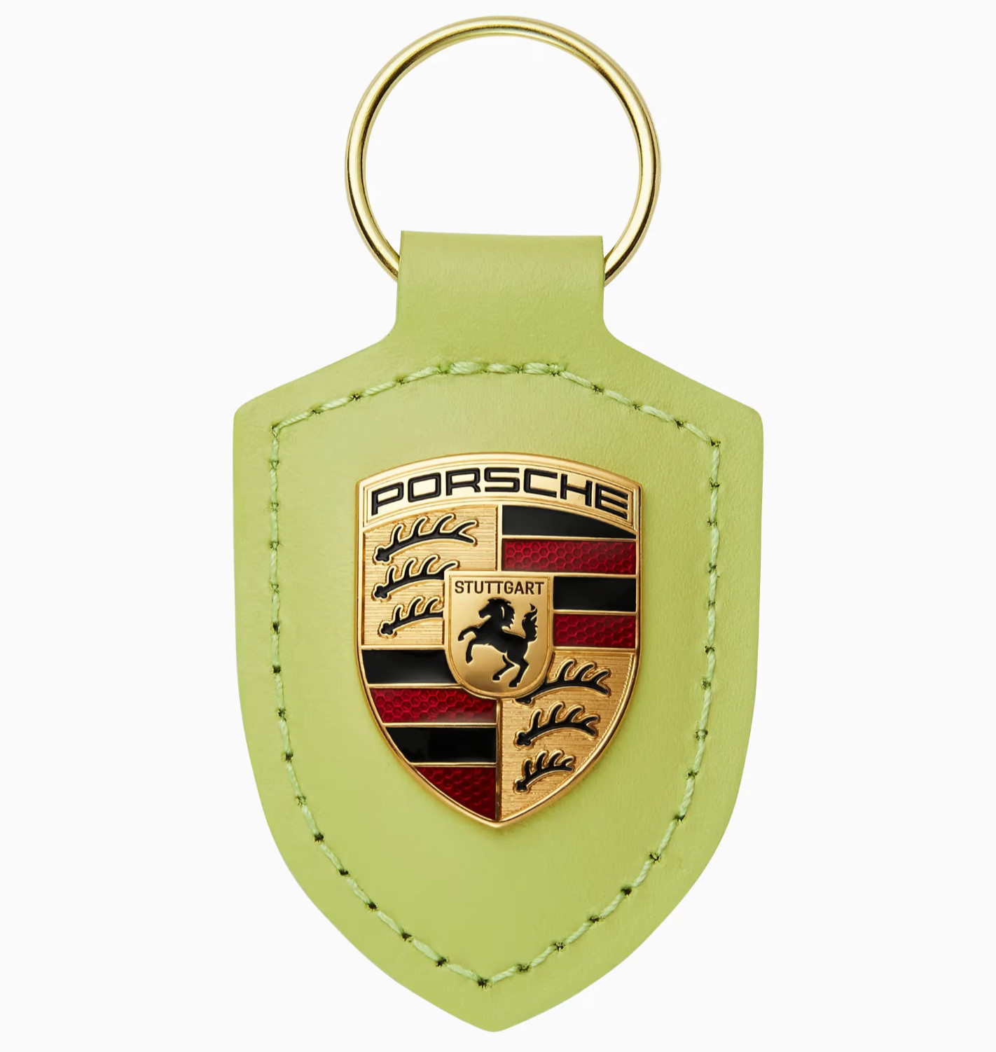 AUTHENTIC PORSCHE CREST LEATHER KEYCHAIN IN CARTAGENA YELLOW METALLIC KEY RING