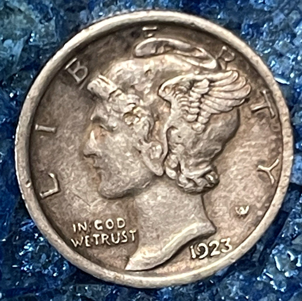 HIGH GRADE  1923 MERCURY SILVER DIME   90% SILVER  AU   TONED / TONER