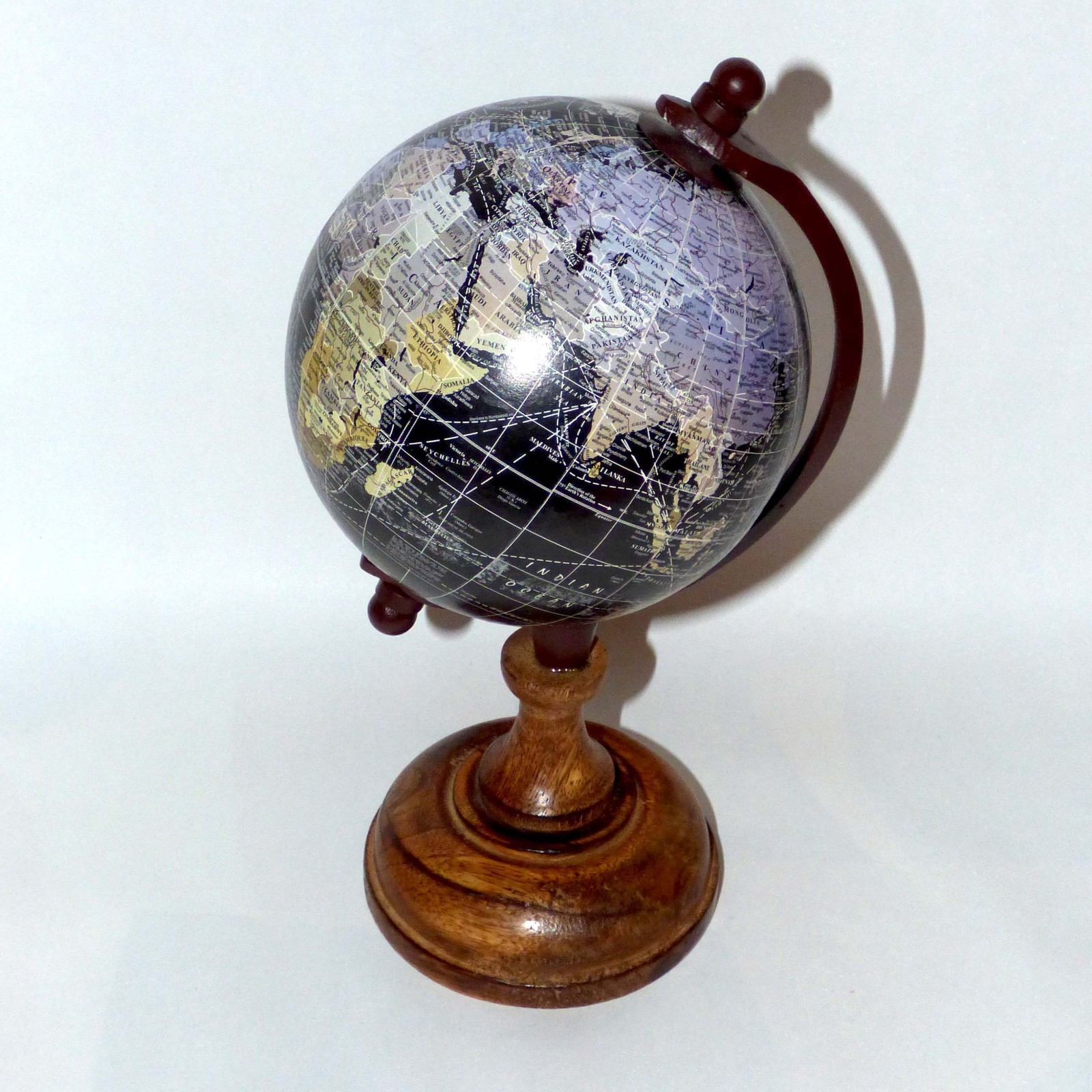 Vintage 14cm World Globe Black Oceans Wooden Stand Decorative Nautical