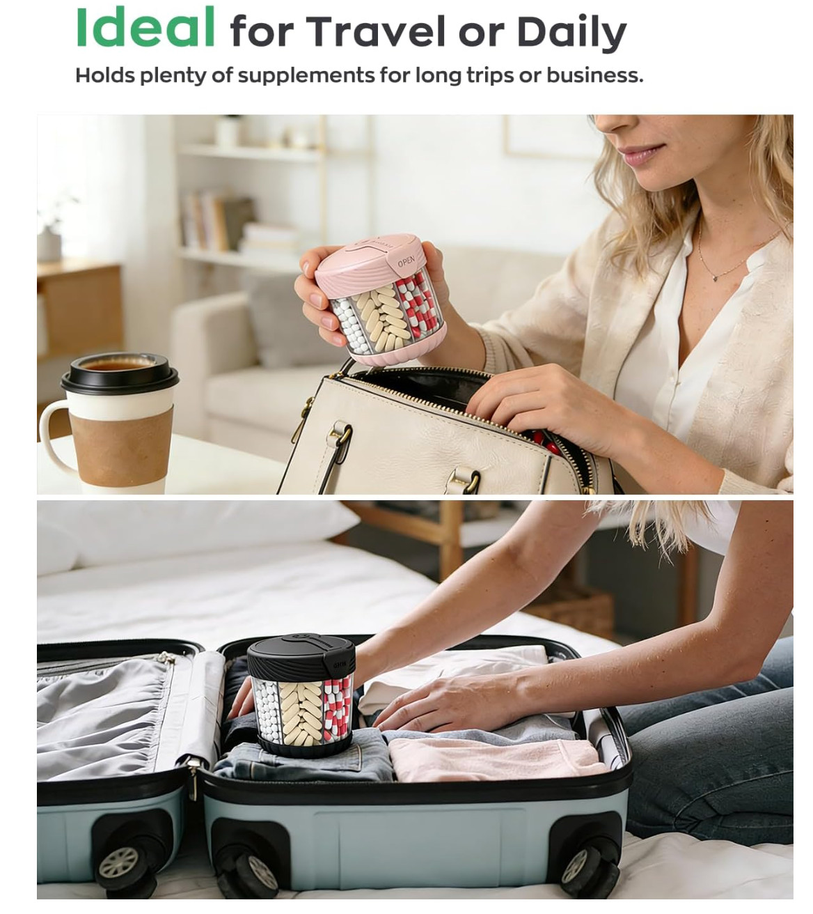 Cute Pill Organizer,Pill Dispenser with 7 Large Compartments,Portable Black-NEW