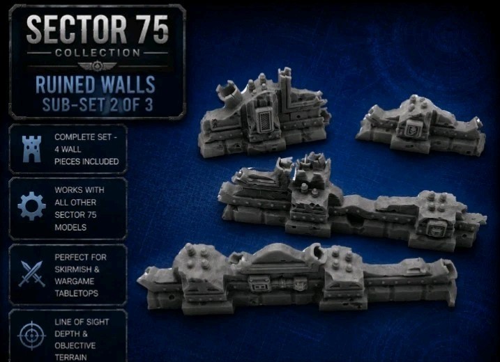War Torn Sector 75 Modular Sci-Fi Ruined Wall Subset 2 -32mm Scale -Terrain