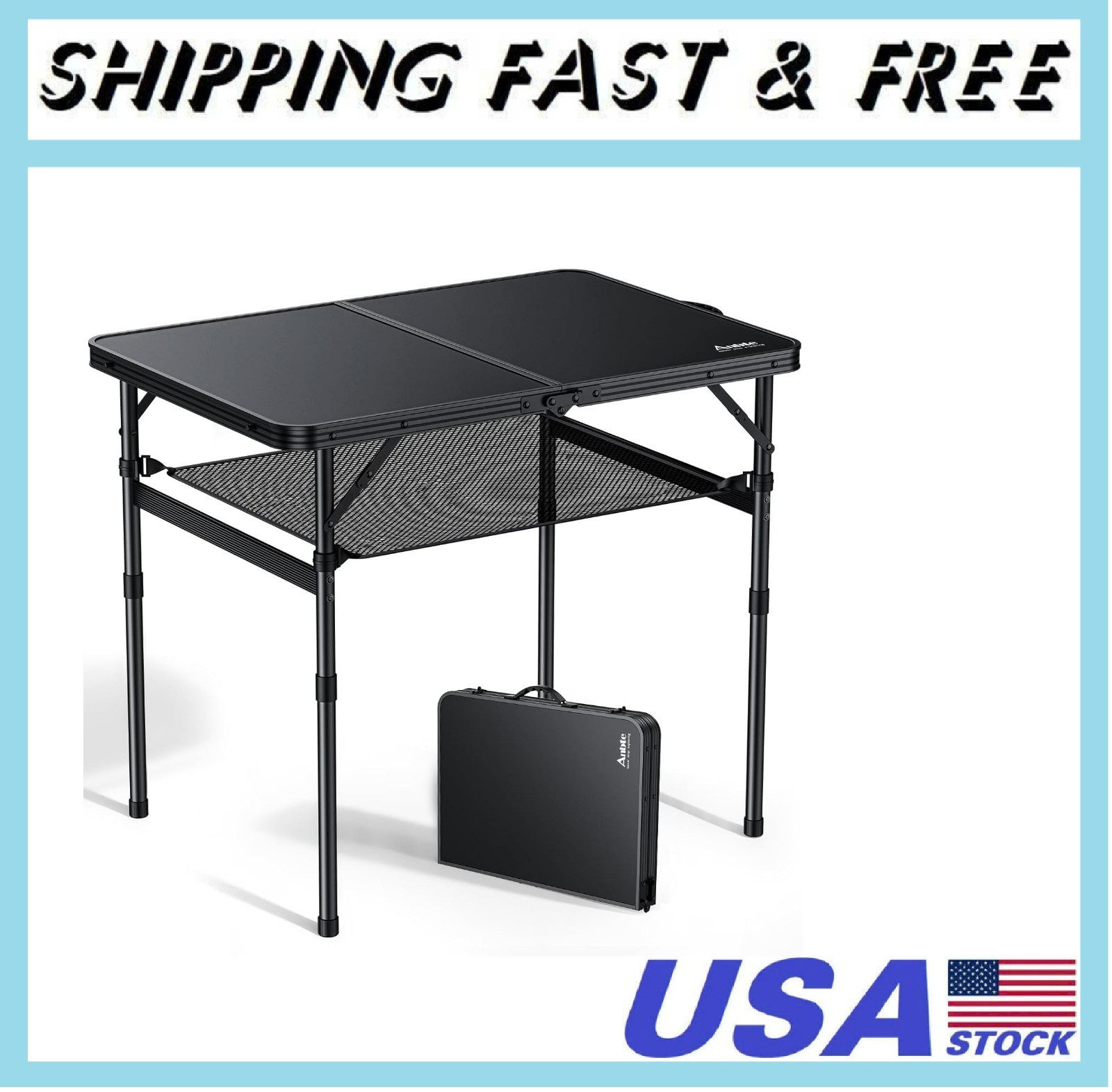 Folding Camping Table, 36" x 24" Portable Table Adjustable Height Max 28 inch