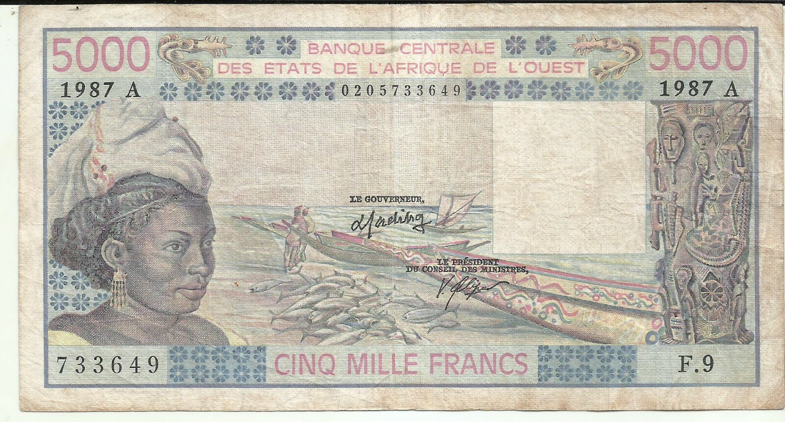 WEST AFRICAN STATES 5000 FRANCS 1987 P 108 . F-VF CONDITION. COTE IVOIRE. 2RW 24