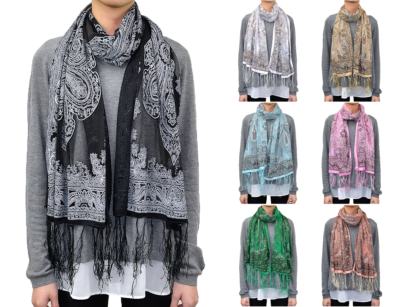 Western Paisley Floral Flower Pattern Long Scarf Spring Summer Glitter Fringe