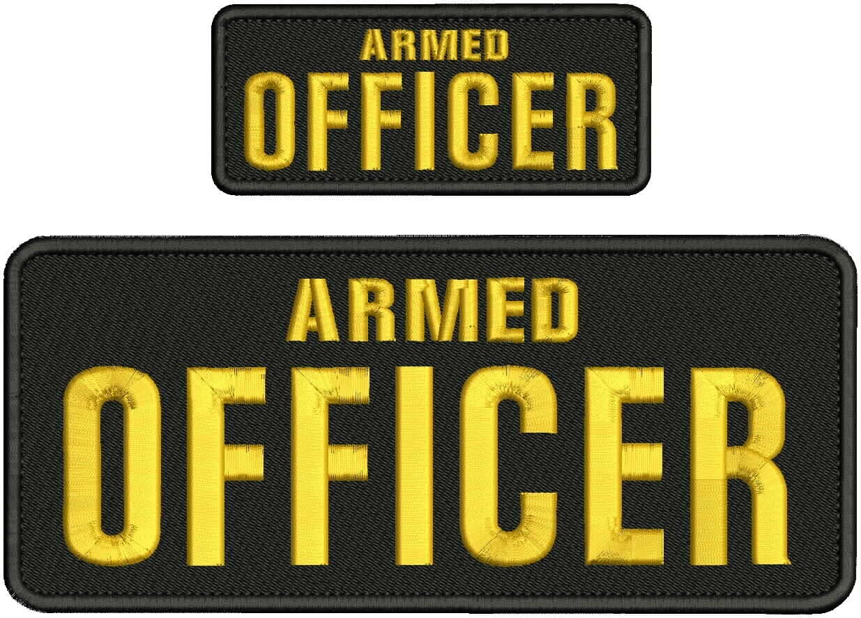 ARMED OFFICER EMBROIDERY PATCHES 4X10 AND 2X5 HOOK ON BACK GOLD ON BLACK