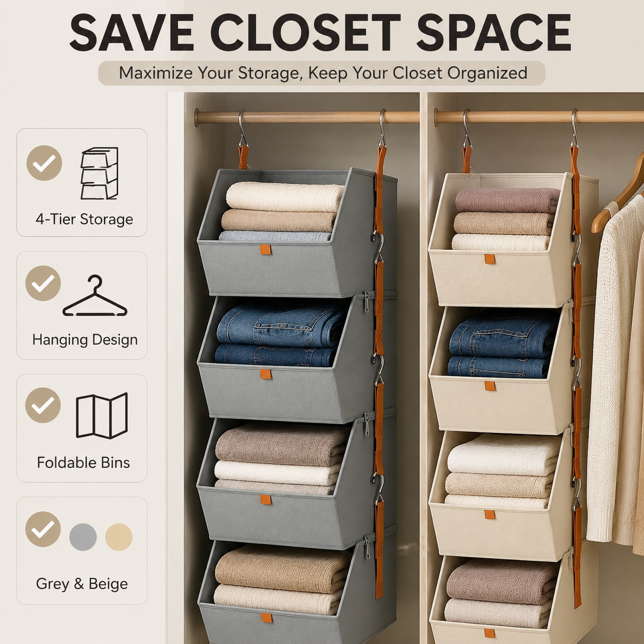 4 Tier Hanging Closet Organizer Shelves Storage Bins Space Saving Clothes US ✨