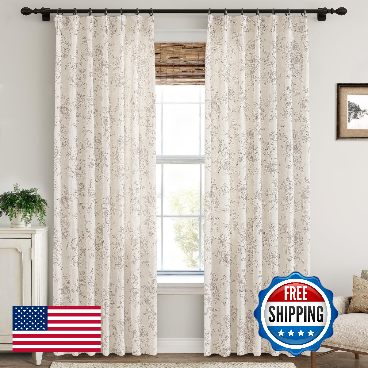 Pinch Pleated Floral Linen Curtains 84 inch Long Coffee and Cream Memory Trained